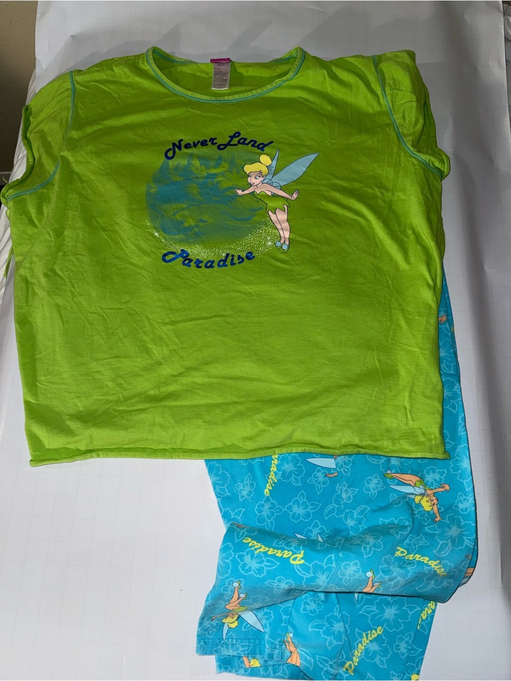 Disney Tinker Bell Lime Green Top with Aqua Blue Printed Pants Pajama Set